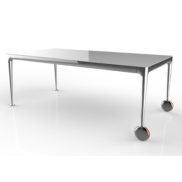 290cm x 122cm polished aluminium structure / white glass top